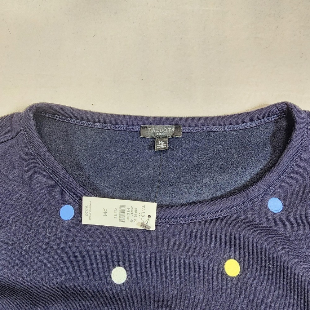 Talbots Shirt Womens PM Blue Polka Dot Crew Neck Long Sleeve Fleece Pullover - Picture 2 of 9